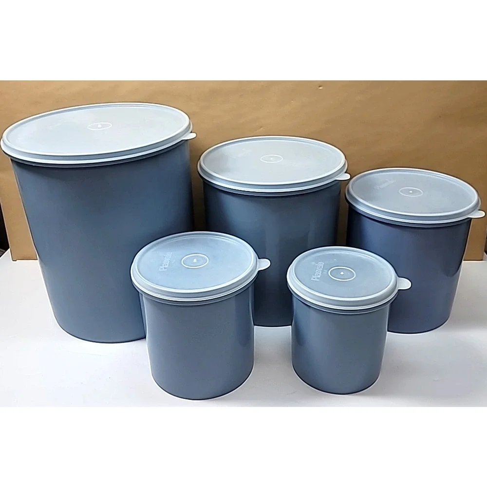 Set of 5 Vtg Plasvale Cornflower Blue Round Plastic Nesting Containers/Canisters